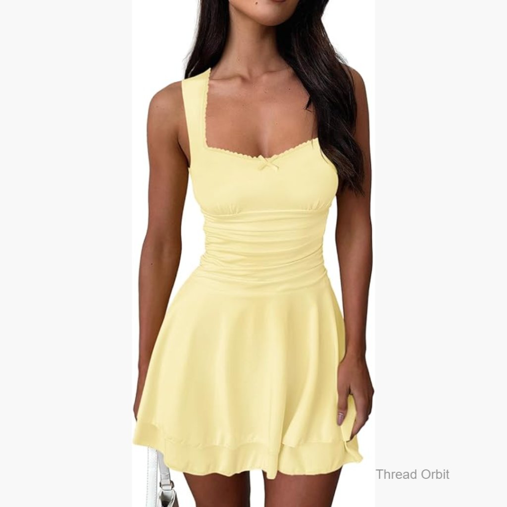 Sleeveless Square Neck Ruffle Hem Mini Dress Ruched Waist A-Line Party